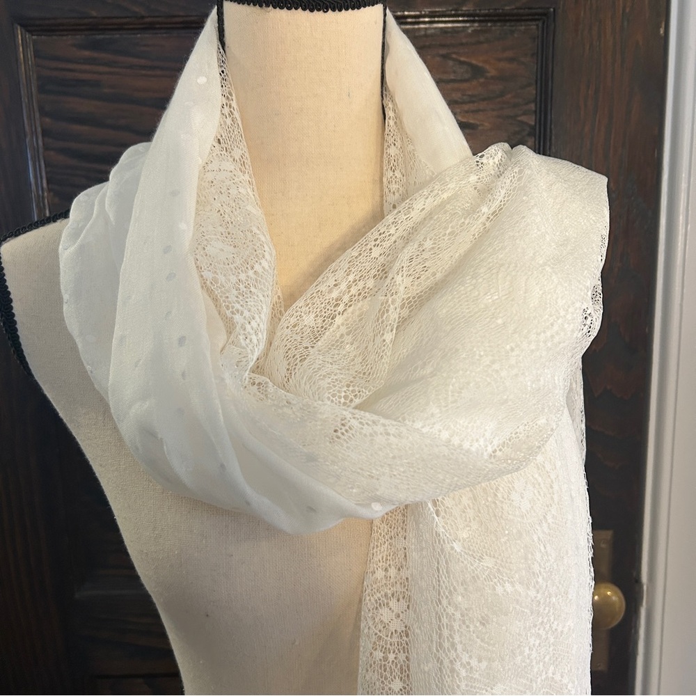 Vintage Lace & Swiss Dot Layered Scarf Shawl – Romantic Lace Wrap – 76” - Picture 3 of 16